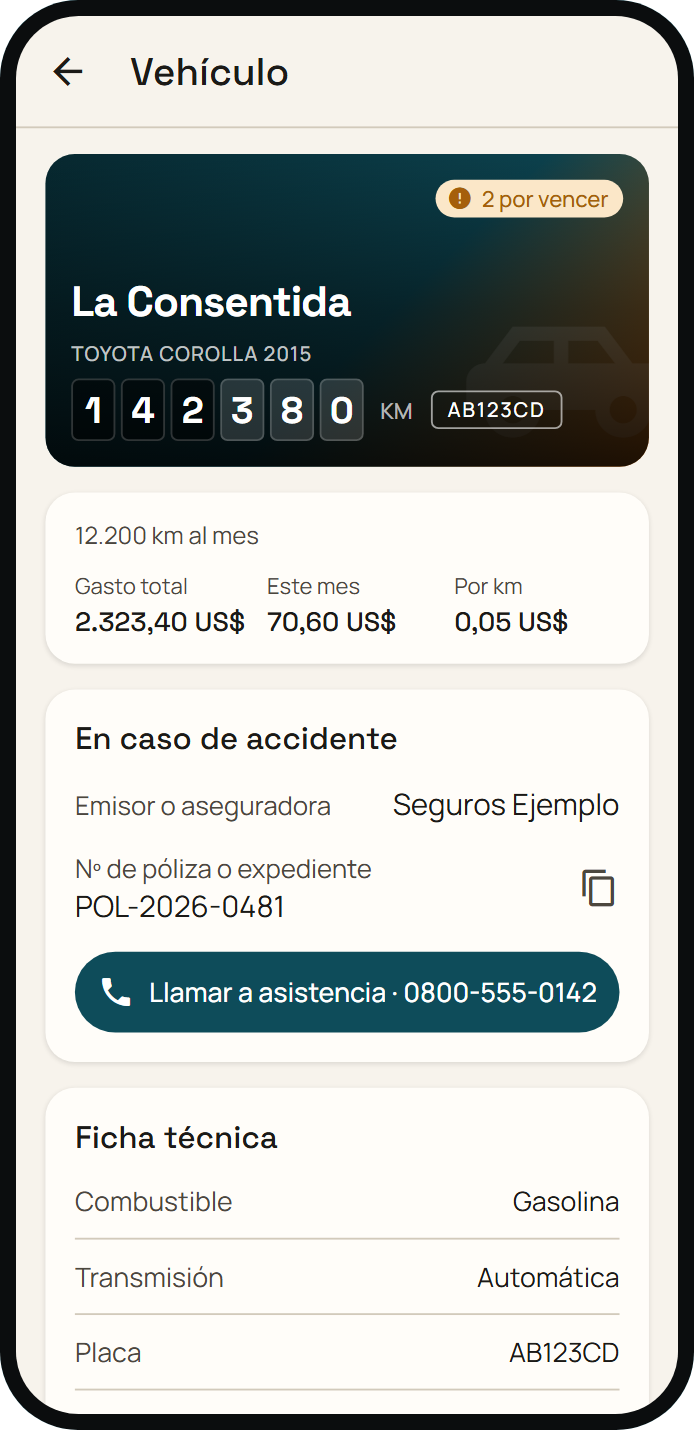Tu ficha: Placa, kilometraje y ficha técnica, a mano