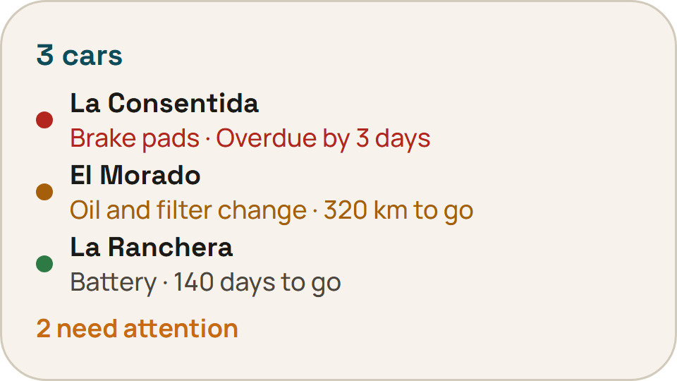 My cars widget: three cars with their next service.