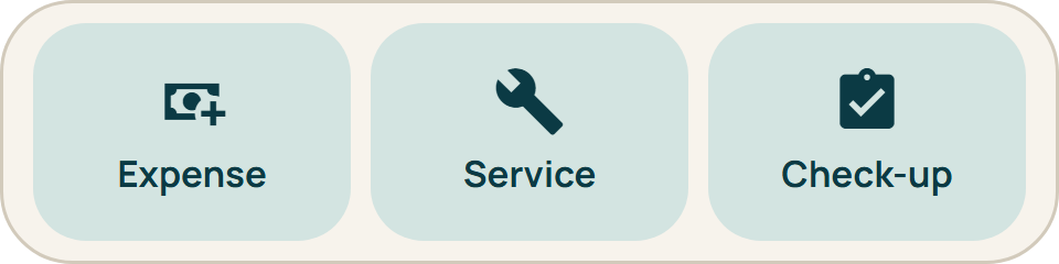 Quick log widget: expense, service and check-up keys.